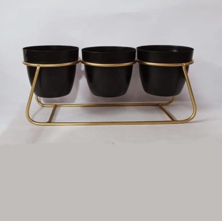 The Ghar 3 Metal Pot Table Top Planter with Golden stand, Black Collar Pots
