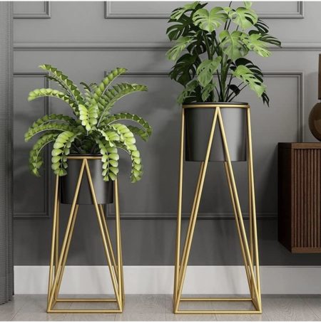 The Ghar Handicrafts Planters for Indoor-Outdoor Plants & Modern Metal Floor Tall Plant Stand for Garden, Balcony & Living Room ( Set of 2)