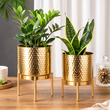Gold Hammered Metal Planter set with stand